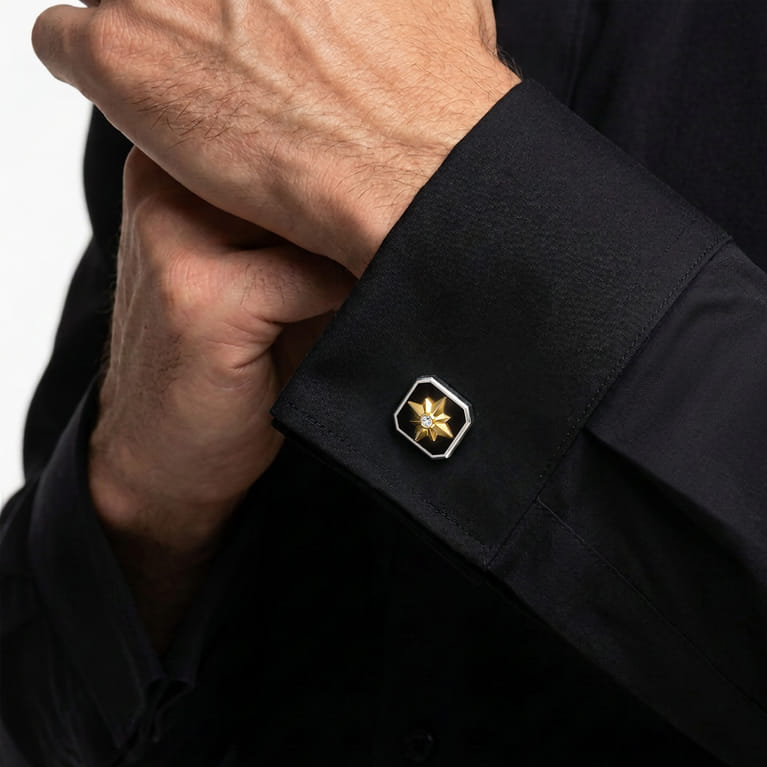 925 Sterling Silver and 14K Yellow Gold Startburst Cufflinks with Diamond and Onyx Slab - 0.05 ct - Shot 2