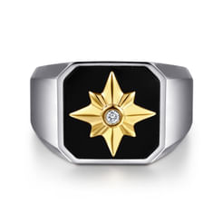 925 Sterling Silver and 14K Yellow Gold Startburst Mens Signet Ring