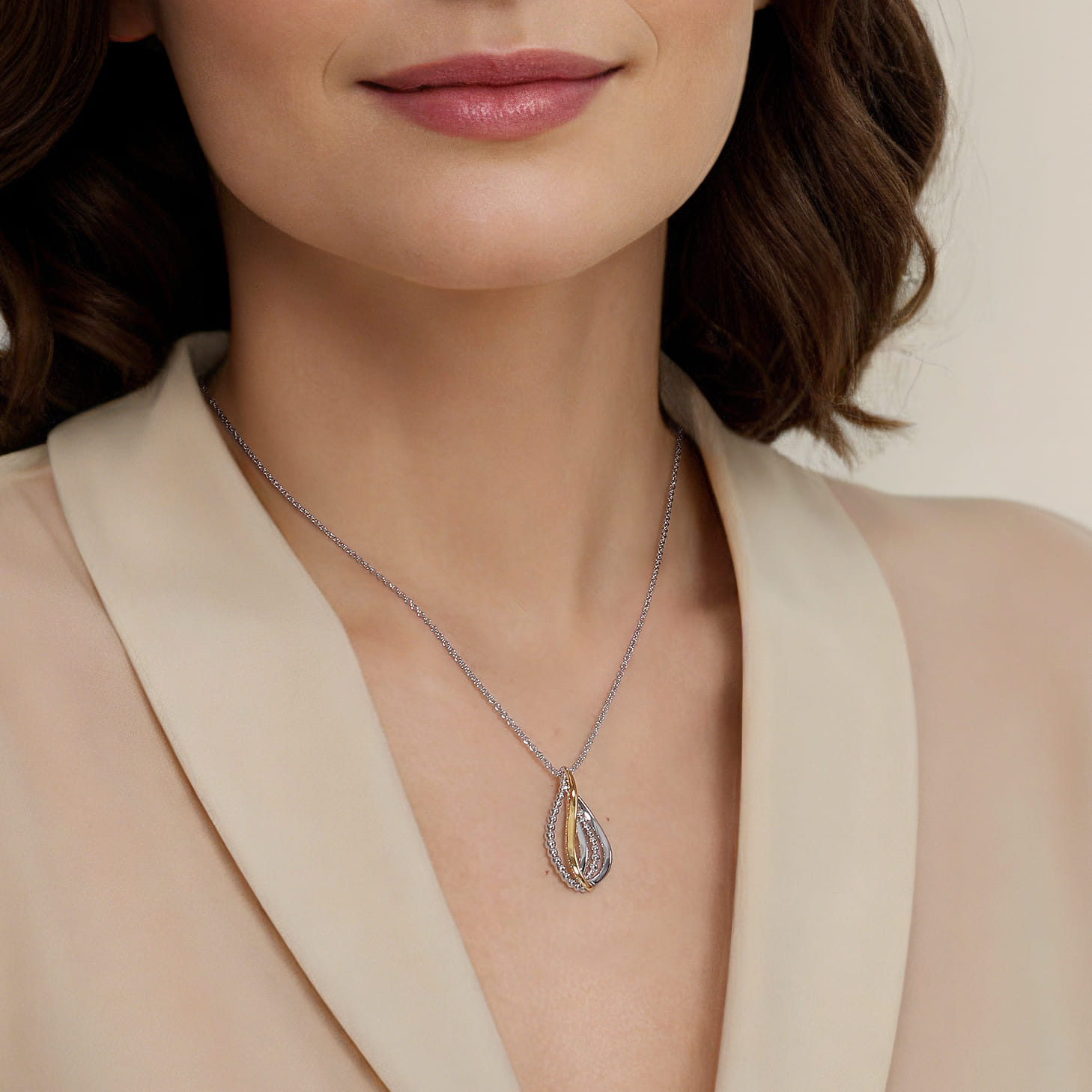 925 Sterling Silver and 14K Yellow Gold Teardrop Pendant Necklace-Bujukan