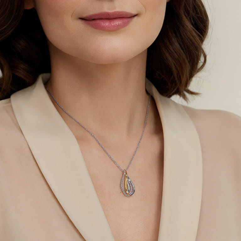 925 Sterling Silver and 14K Yellow Gold Teardrop Pendant Necklace-Bujukan - Shot 4