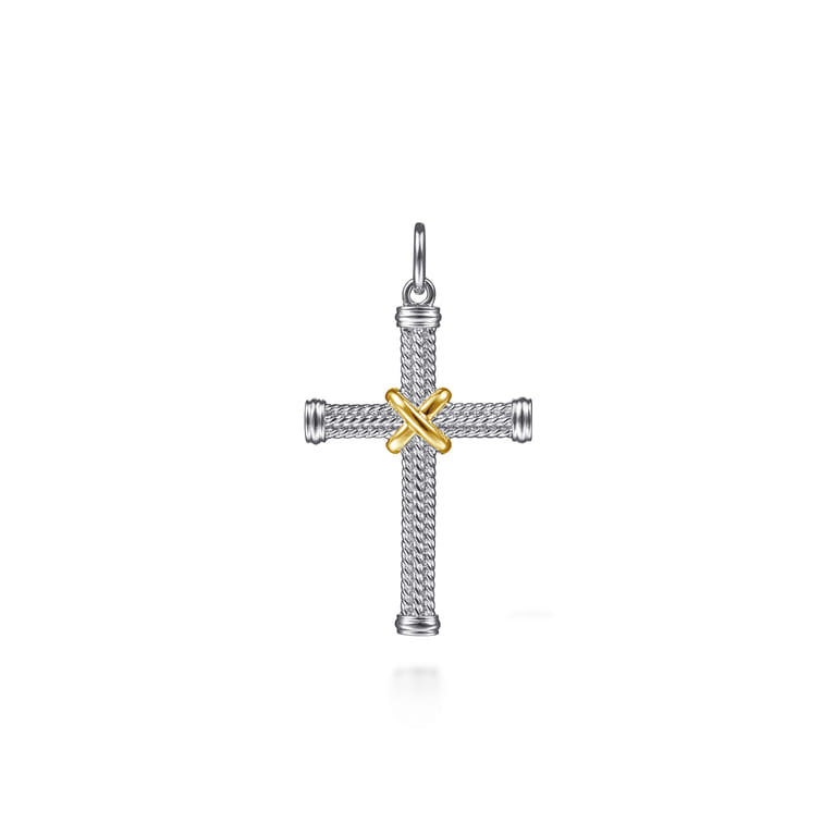 925 Sterling Silver and 14K Yellow Gold Twisted Rope Cross Pendant with X Center - Shot 1