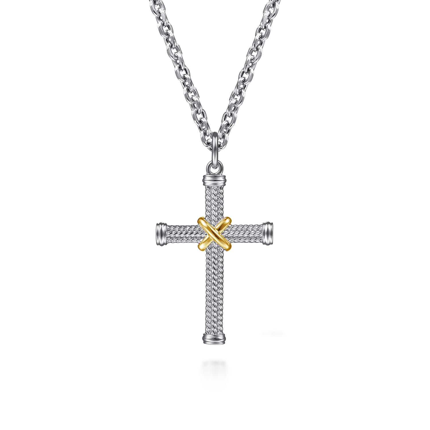 925 Sterling Silver and 14K Yellow Gold Twisted Rope Cross Pendant with X Center - Shot 3