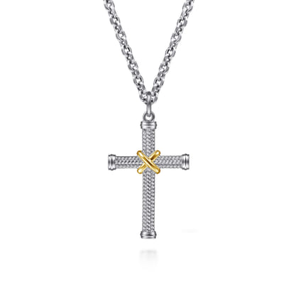 925 Sterling Silver and 14K Yellow Gold Twisted Rope Cross Pendant with X Center