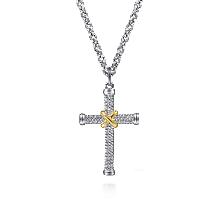925 Sterling Silver and 14K Yellow Gold Twisted Rope Cross Pendant with X Center - Shot 3