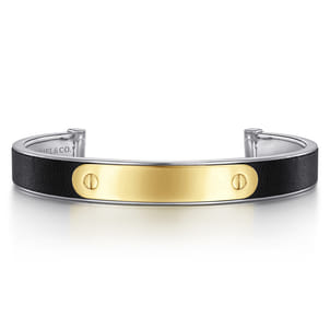 925 Sterling Silver and 14K Yellow Gold and Leather Open ID Bracelet
