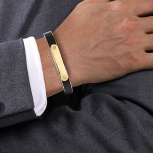 925 Sterling Silver and 14K Yellow Gold and Leather Open ID Bracelet