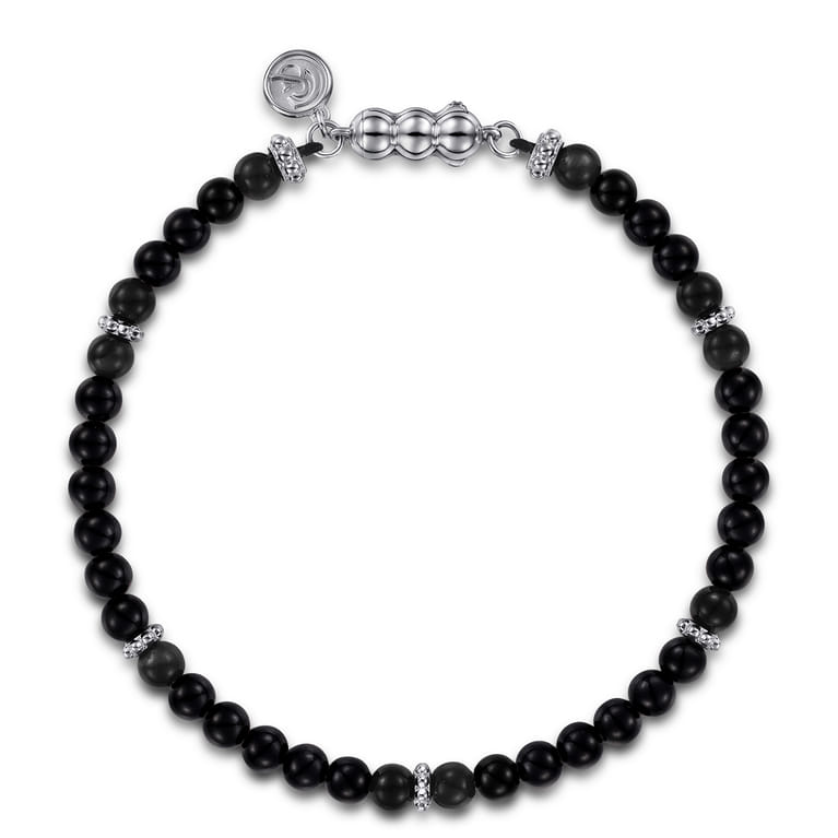 925 Sterling Silver and 4mm Black Onyx Beaded Bracelet - Shot 1