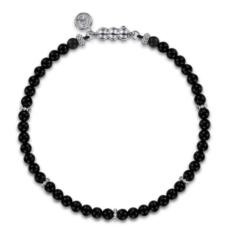 925 Sterling Silver and 4mm Black Onyx Beaded Bracelet - Shot 1