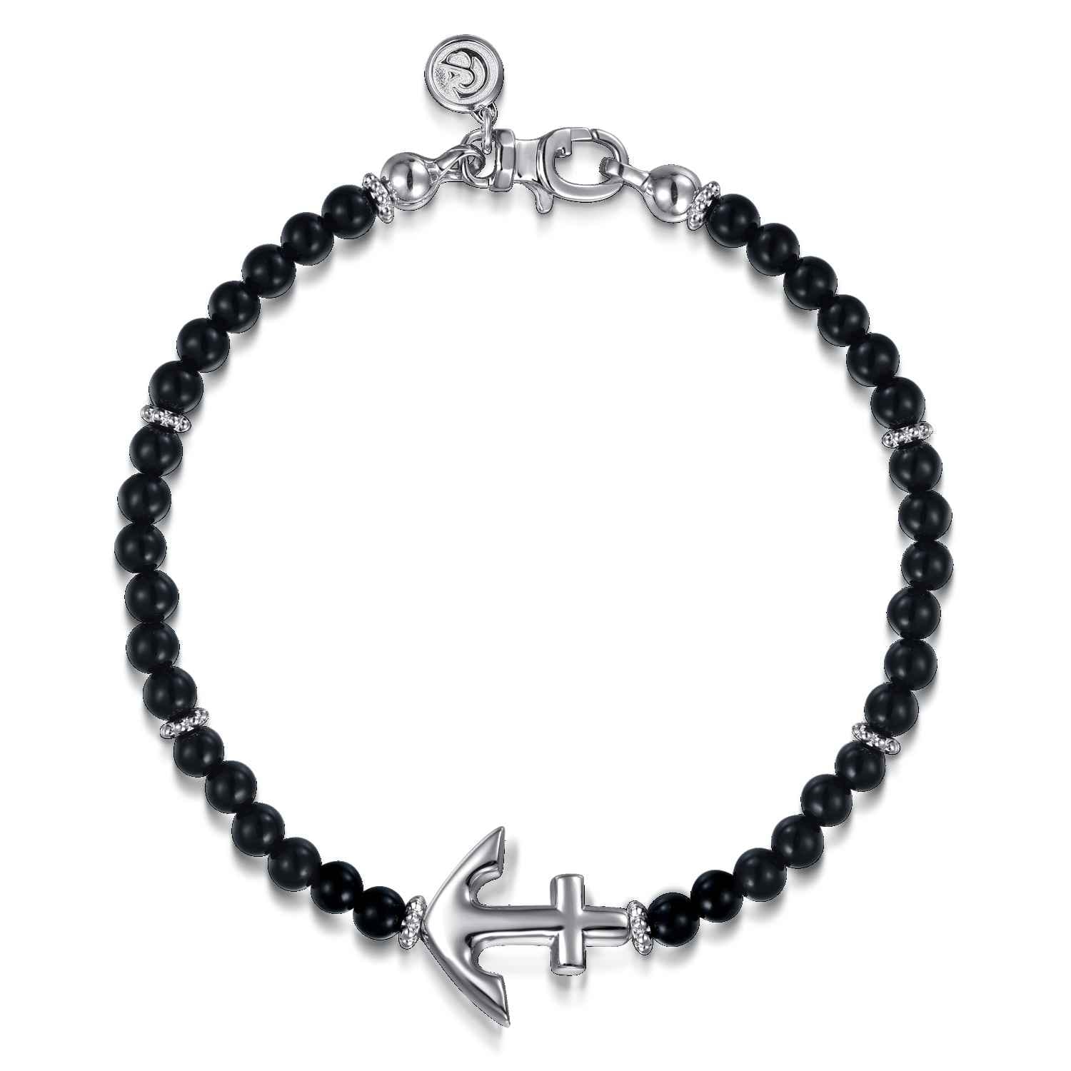 925 Sterling Silver and 4mm Onyx Beaded Bracelet with Anchor - Shot 1