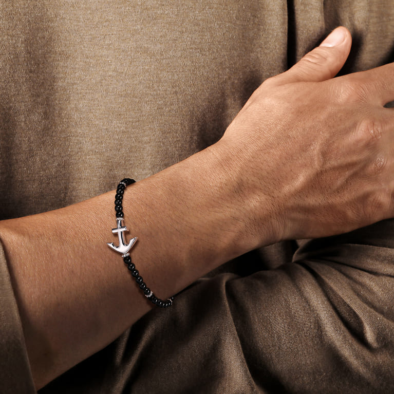 925 Sterling Silver and 4mm Onyx Beaded Bracelet with Anchor - Shot 3