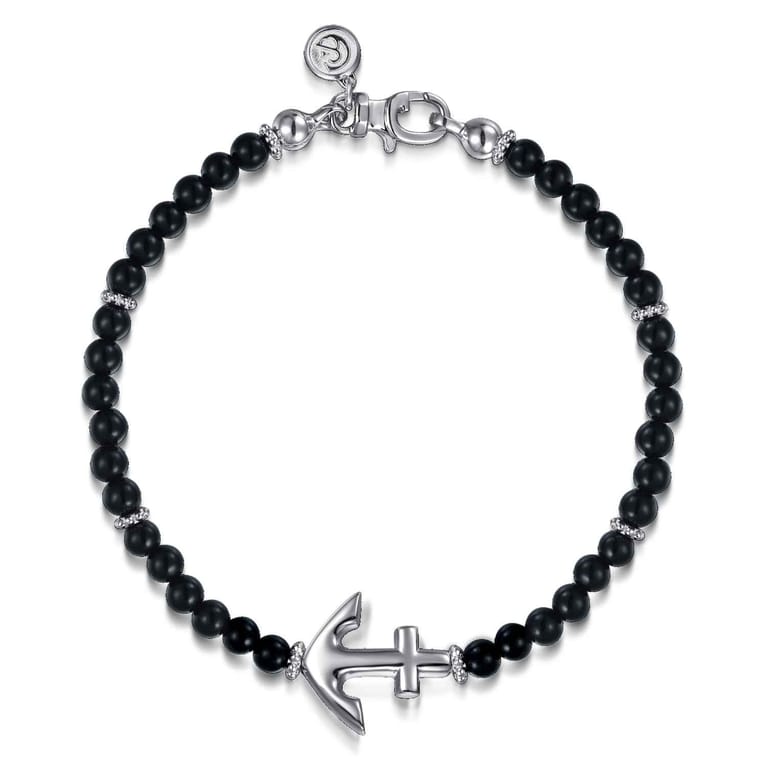925 Sterling Silver and 4mm Onyx Beaded Bracelet with Anchor - Shot 1