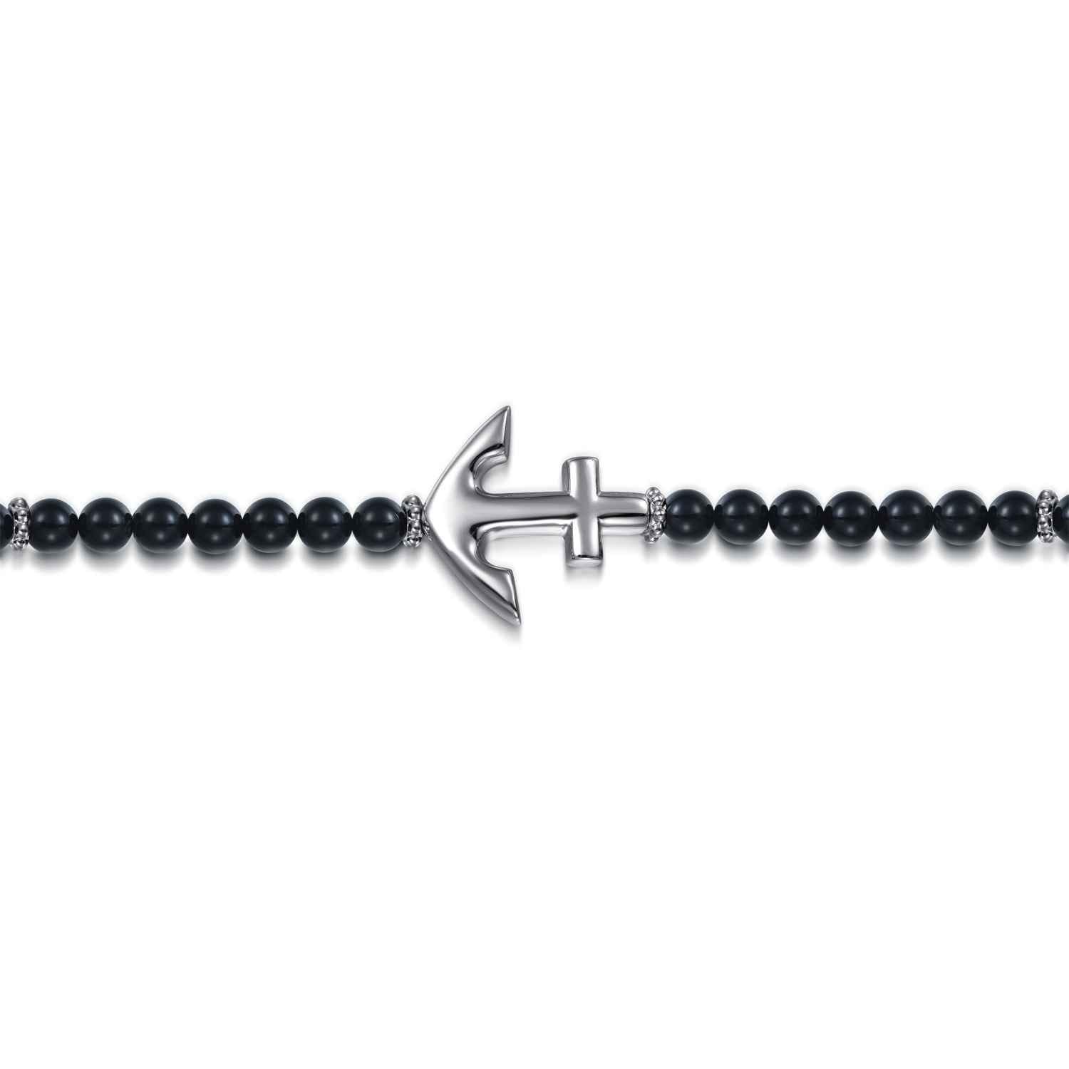 925 Sterling Silver and 4mm Onyx Beaded Bracelet with Anchor - Shot 2