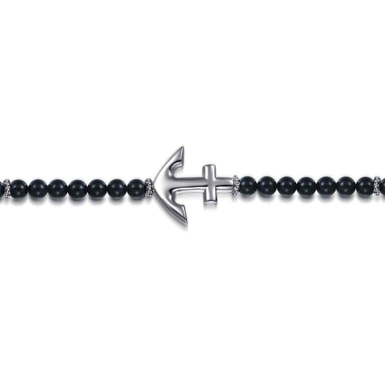 925 Sterling Silver and 4mm Onyx Beaded Bracelet with Anchor - Shot 2
