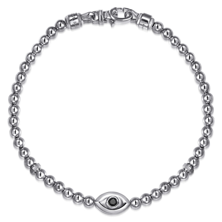 925 Sterling Silver and 4mm Silver Beaded Bracelet with Evil Eye - Shot 1