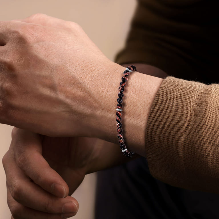925 Sterling Silver and 4mm Tiger Eye Beaded Bracelet - Shot 3