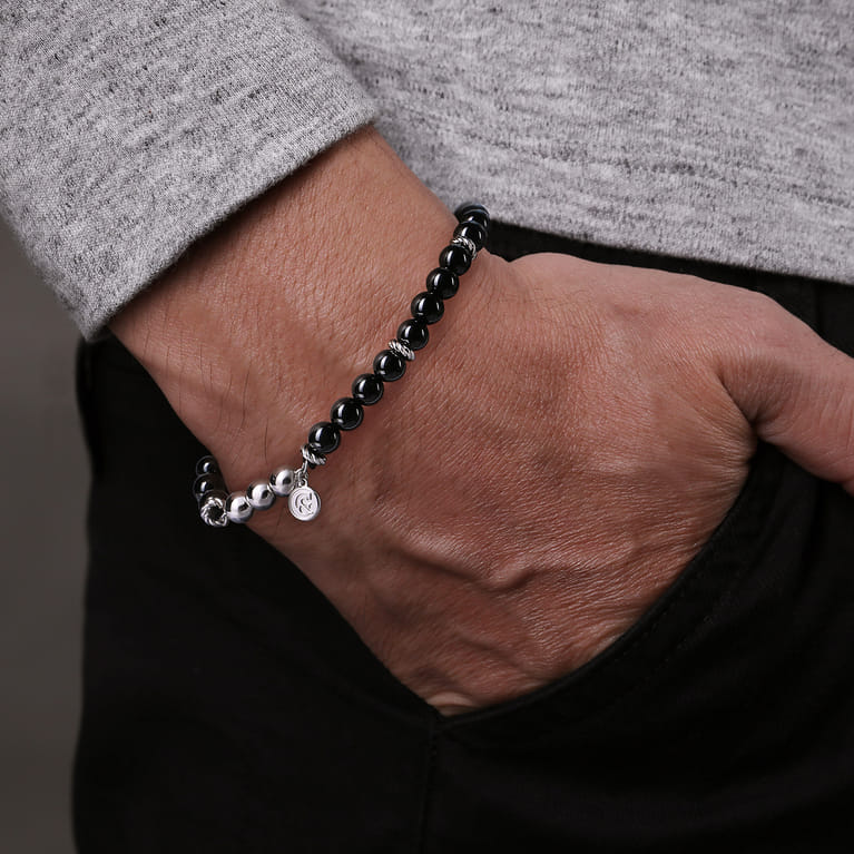 925 Sterling Silver and 6mm Black Onyx Beaded Bracelet - Shot 3