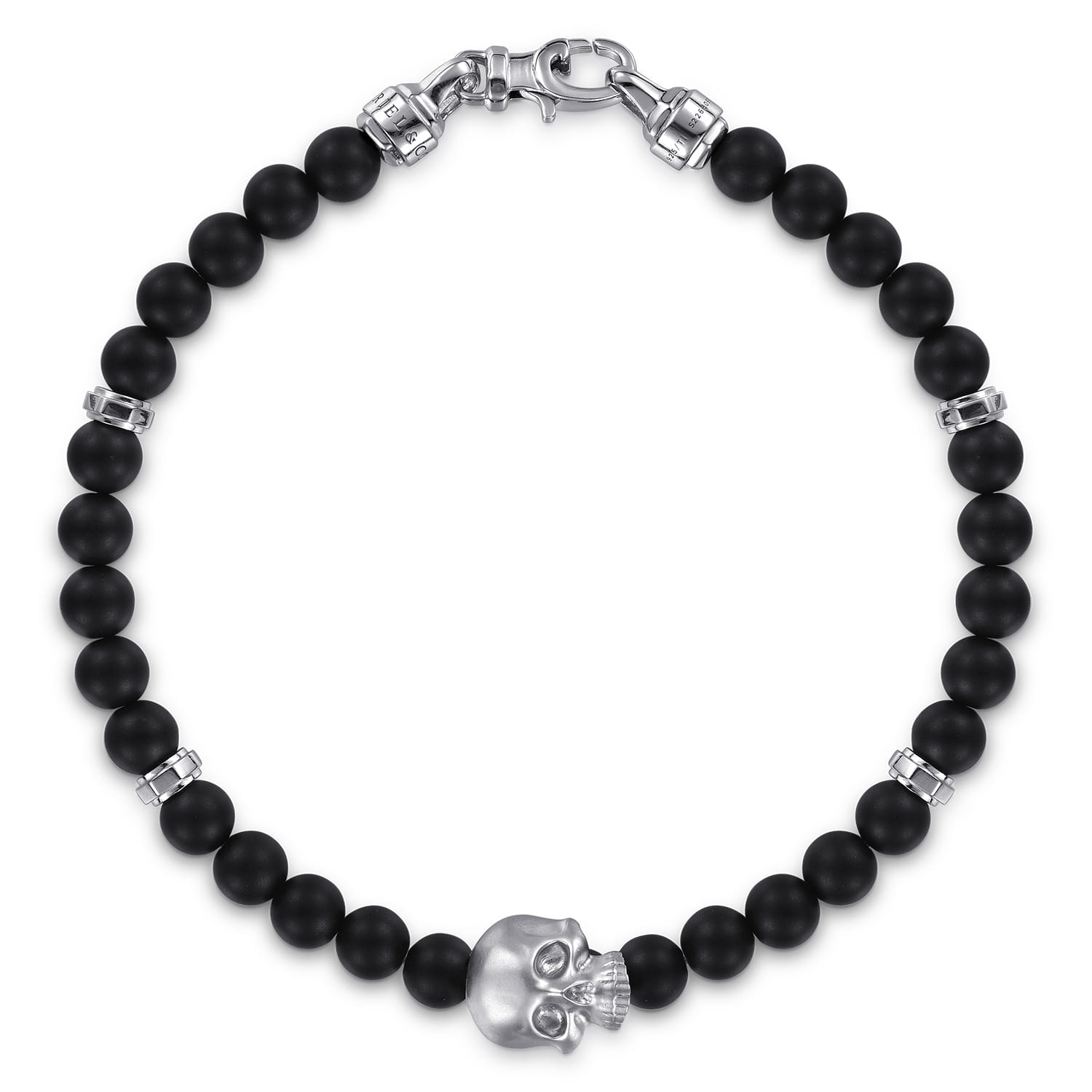925 Sterling Silver and 6mm Black Titanium Bead Men's Bracelet With Skull - Shot 1