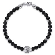 925 Sterling Silver and 6mm Black Titanium Bead Men's Bracelet With Skull