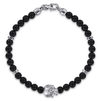 925 Sterling Silver and 6mm Black Titanium Bead Men's Bracelet With Skull