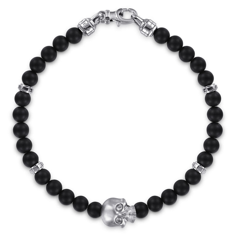 925 Sterling Silver and 6mm Black Titanium Bead Men's Bracelet With Skull - Shot 1