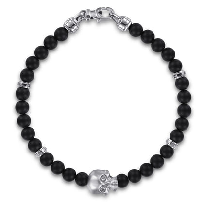 925 Sterling Silver and 6mm Black Titanium Bead Men's Bracelet with Skull