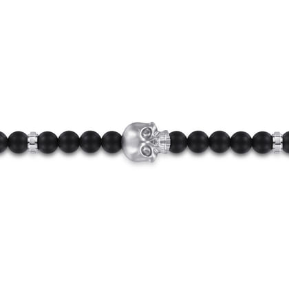 925 Sterling Silver and 6mm Black Titanium Bead Men's Bracelet with Skull