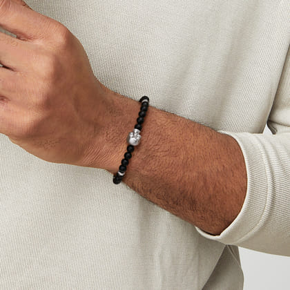 925 Sterling Silver and 6mm Black Titanium Bead Men's Bracelet with Skull