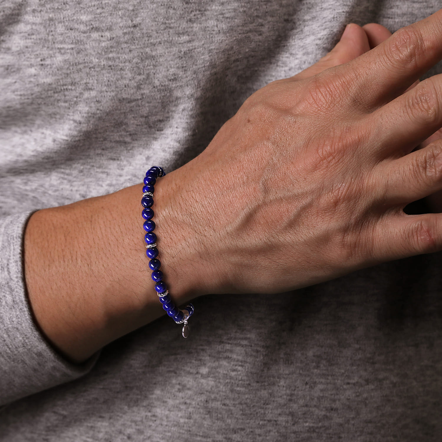 925 Sterling Silver and 6mm Lapis Beaded Bracelet - Shot 3
