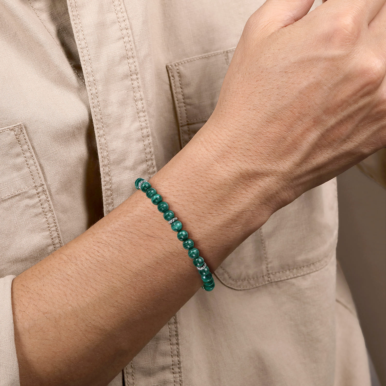 925 Sterling Silver and 6mm Malachite Beaded Bracelet - Shot 3