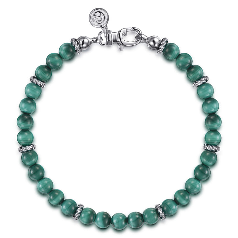 925 Sterling Silver and 6mm Malachite Beaded Bracelet - Shot 1