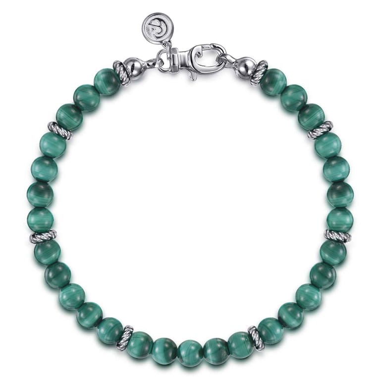 925 Sterling Silver and 6mm Malachite Beaded Bracelet - Shot 1