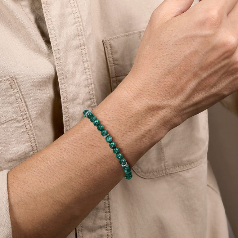 925 Sterling Silver and 6mm Malachite Beaded Bracelet - Shot 3