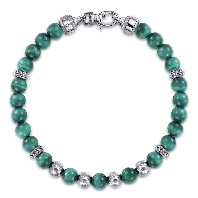 925 Sterling Silver and 6mm Malachite Beaded Bracelet - Shot 1