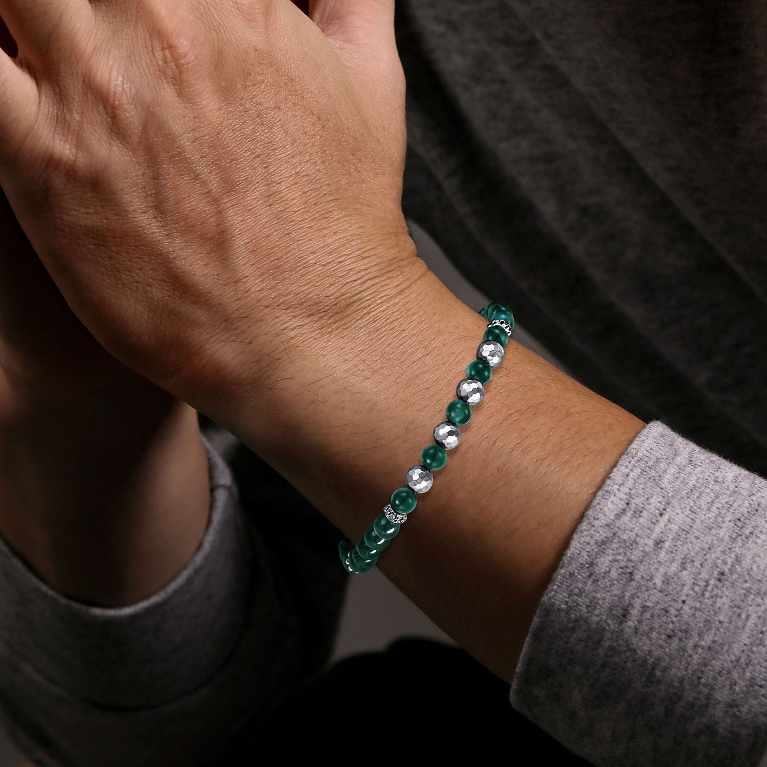 925 Sterling Silver and 6mm Malachite Beaded Bracelet - Shot 3