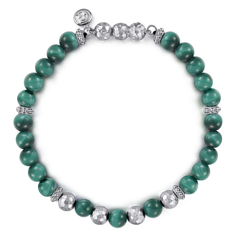 925 Sterling Silver and 6mm Malachite Beaded Bracelet - Shot 1