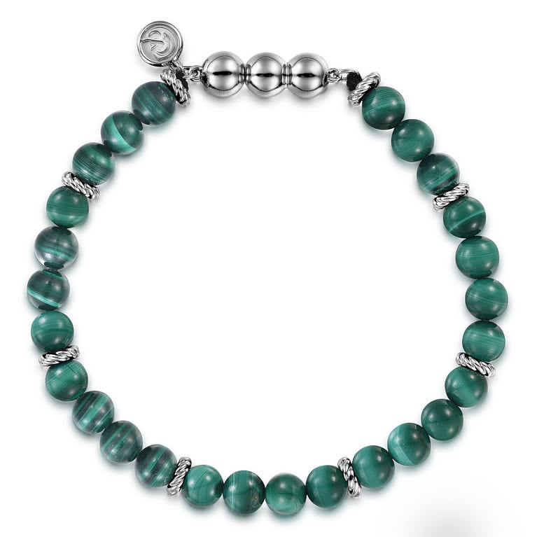 925 Sterling Silver and 6mm Malachite Beaded Bracelet - Shot 1