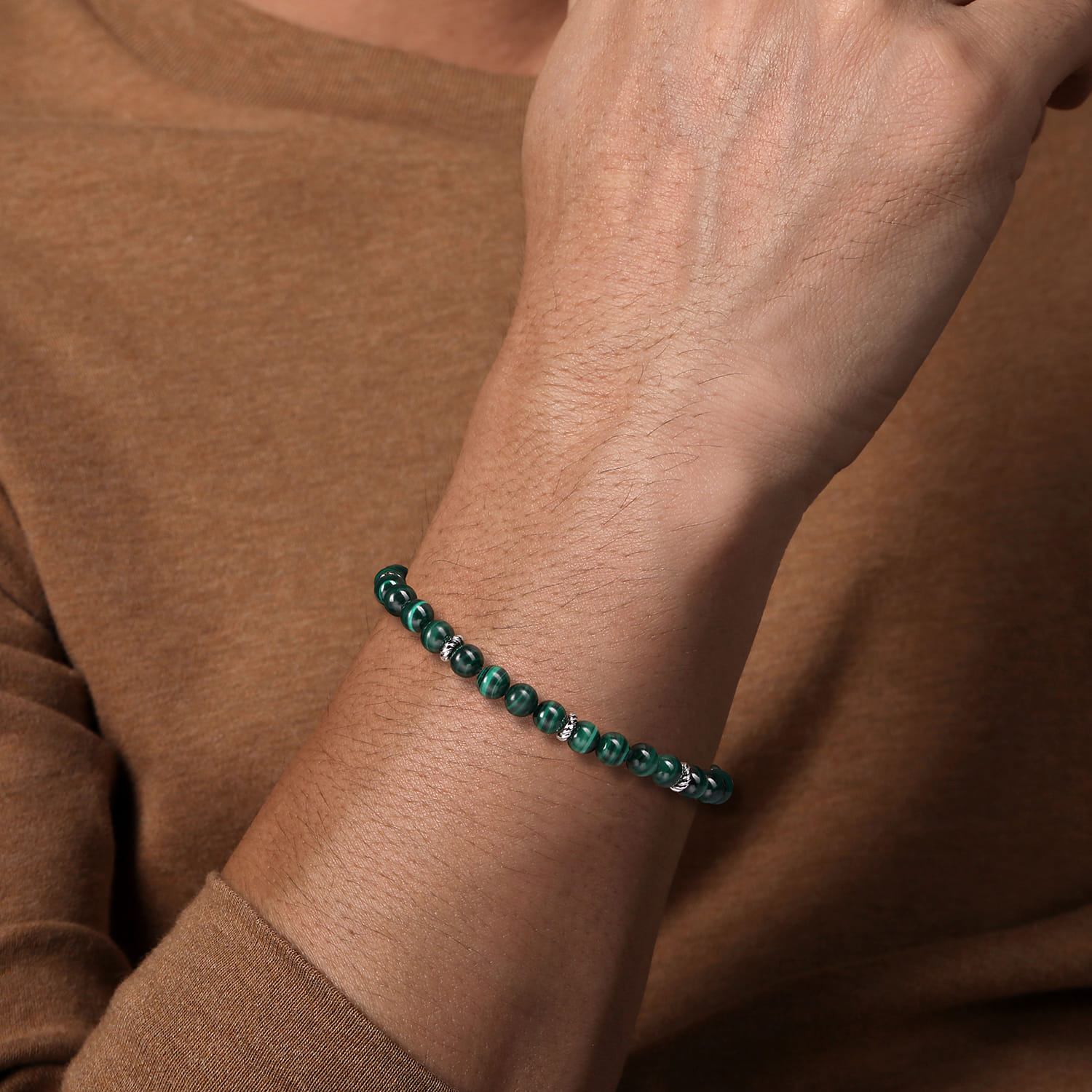 925 Sterling Silver and 6mm Malachite Beaded Bracelet - Shot 3