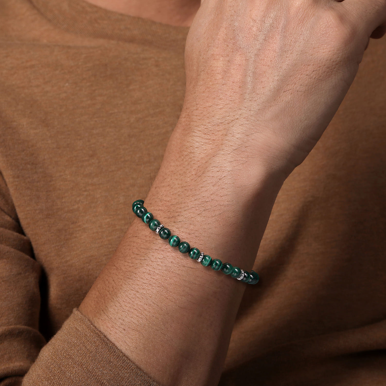 925 Sterling Silver and 6mm Malachite Beaded Bracelet - Shot 3