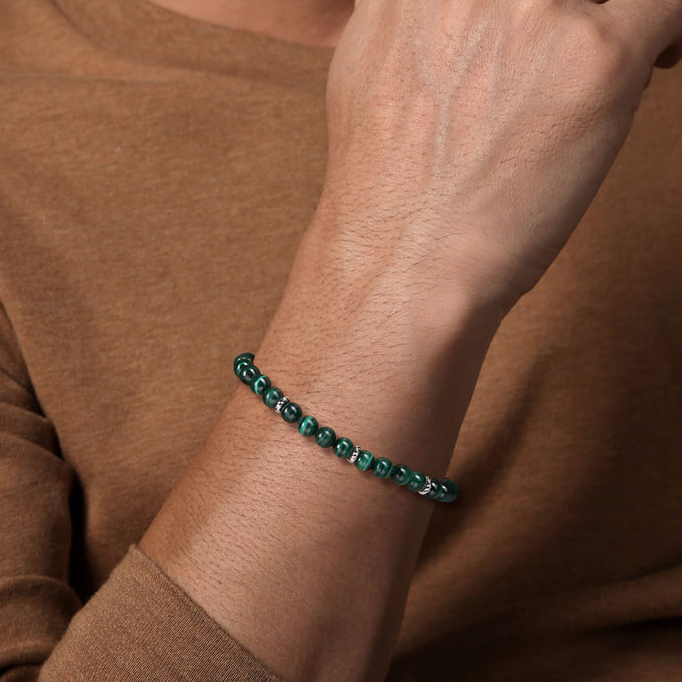 925 Sterling Silver and 6mm Malachite Beaded Bracelet - Shot 3