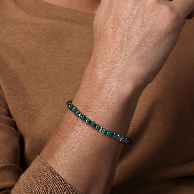 925 Sterling Silver and 6mm Malachite Beaded Bracelet - Shot 3