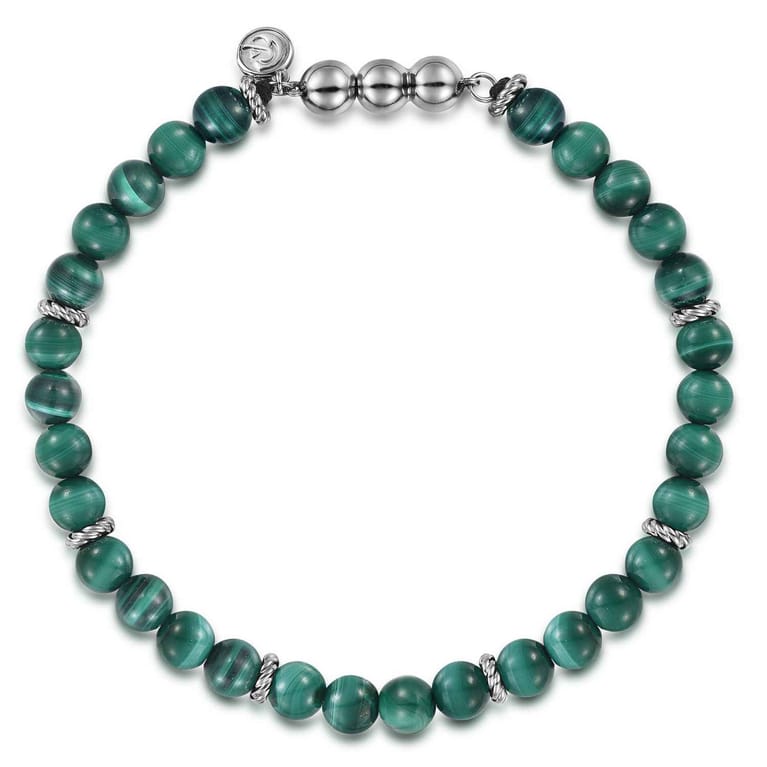 925 Sterling Silver and 6mm Malachite Beaded Bracelet - Shot 1
