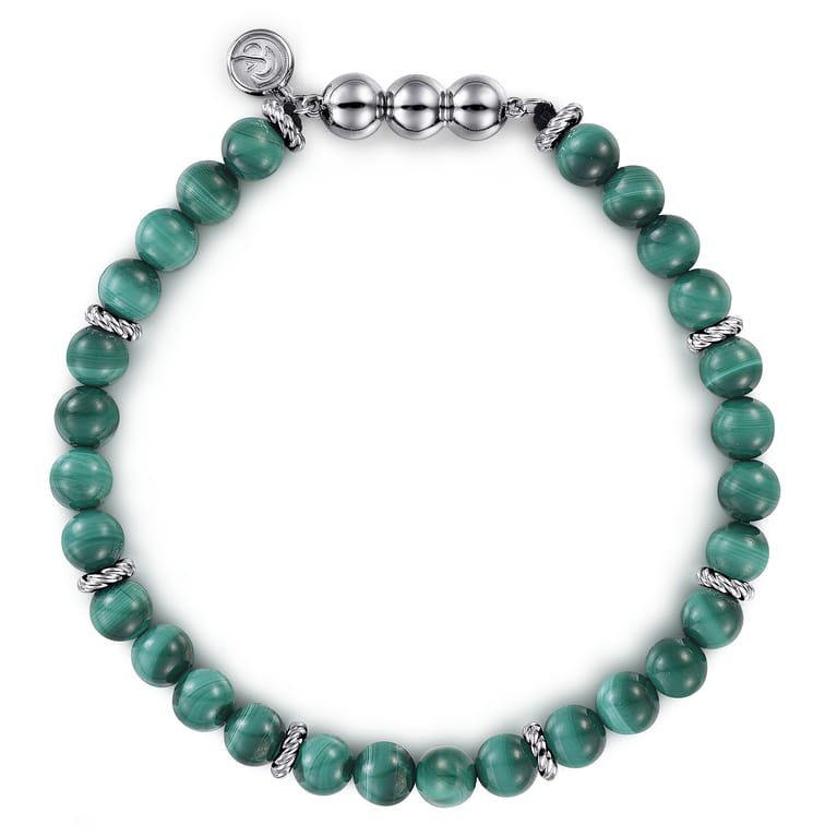 925 Sterling Silver and 6mm Malachite Beaded Bracelet - Shot 1