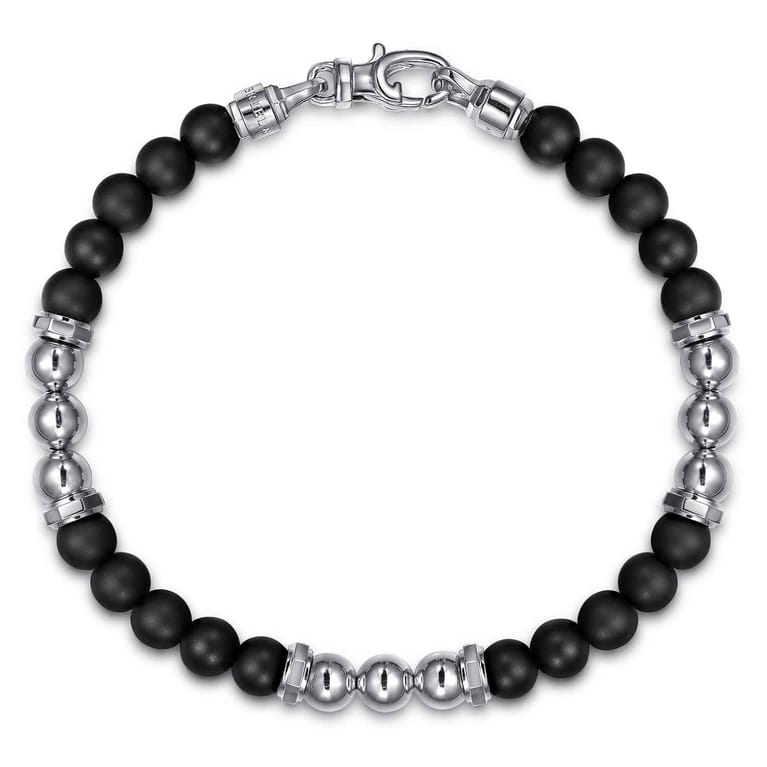 925 Sterling Silver and 6mm Matte Onyx Beaded Station Bracelet - Shot 1