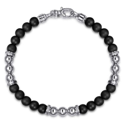 925 Sterling Silver and 6mm Matte Onyx Beaded Station Bracelet