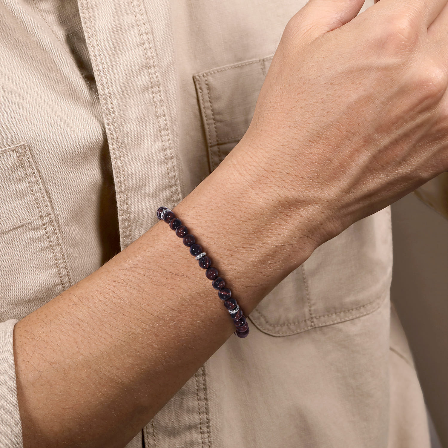 925 Sterling Silver and 6mm Tiger Eye Beaded Bracelet - Shot 3