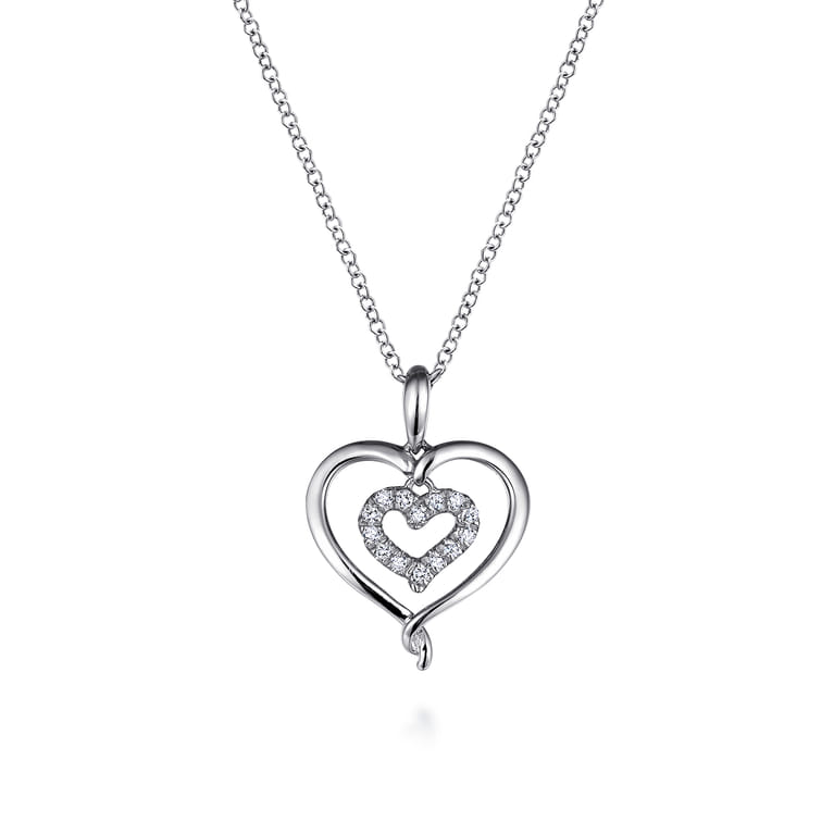 925 Sterling Silver and Diamond Double Heart Pendant Necklace - 0.08 ct - Shot 1