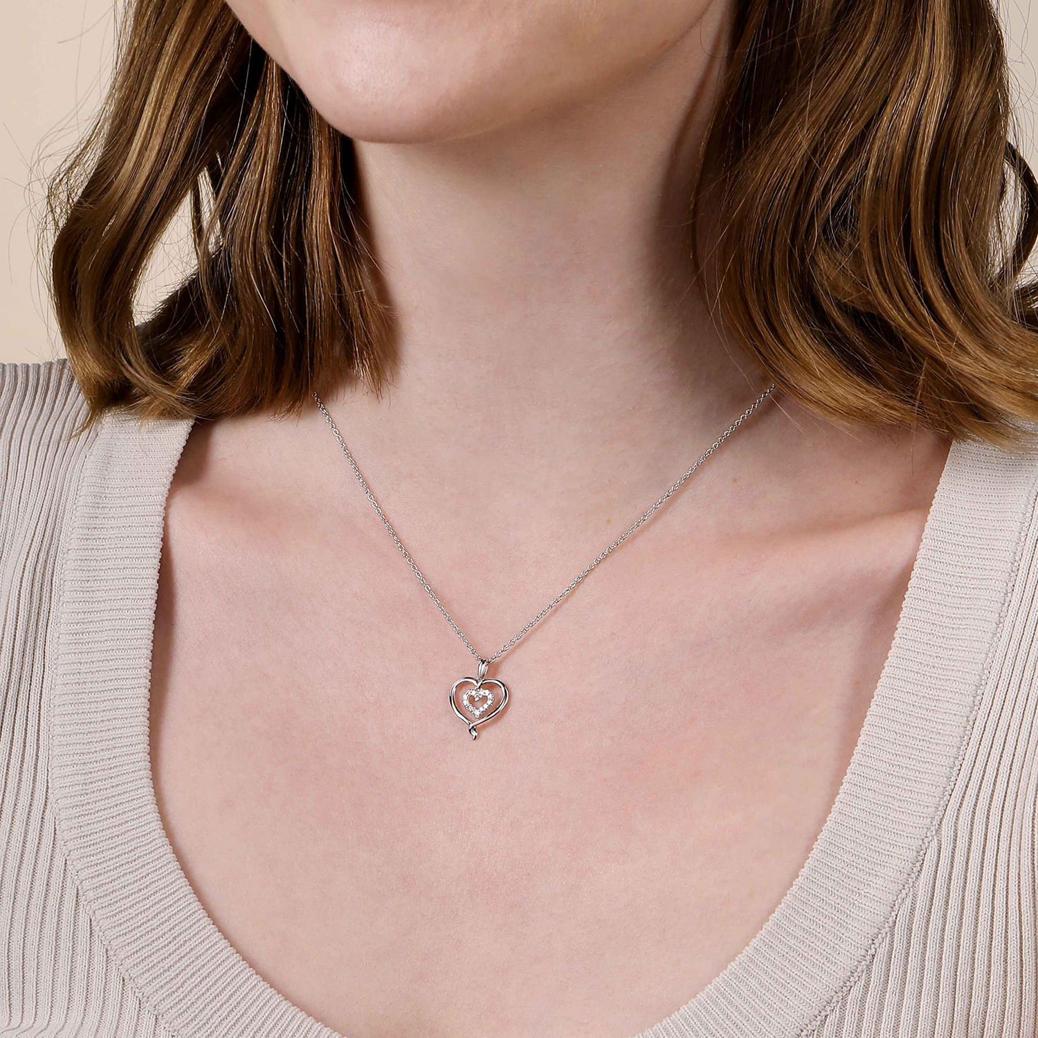 925 Sterling Silver and Diamond Double Heart Pendant Necklace