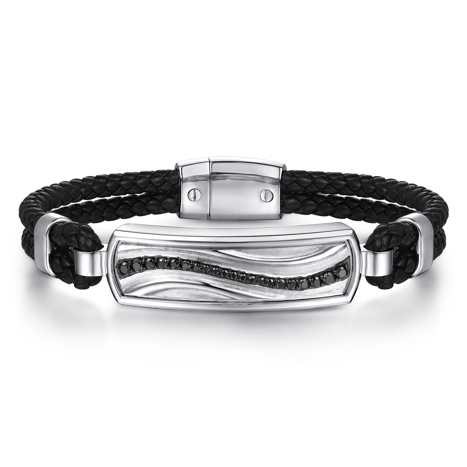 925 Sterling Silver and Leather Bangle with Black Spinel Wave ID Bangle