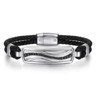 925 Sterling Silver and Leather Bangle with Black Spinel Wave ID Bangle
