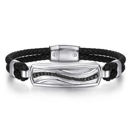 925 Sterling Silver and Leather Bangle with Black Spinel Wave ID Bangle